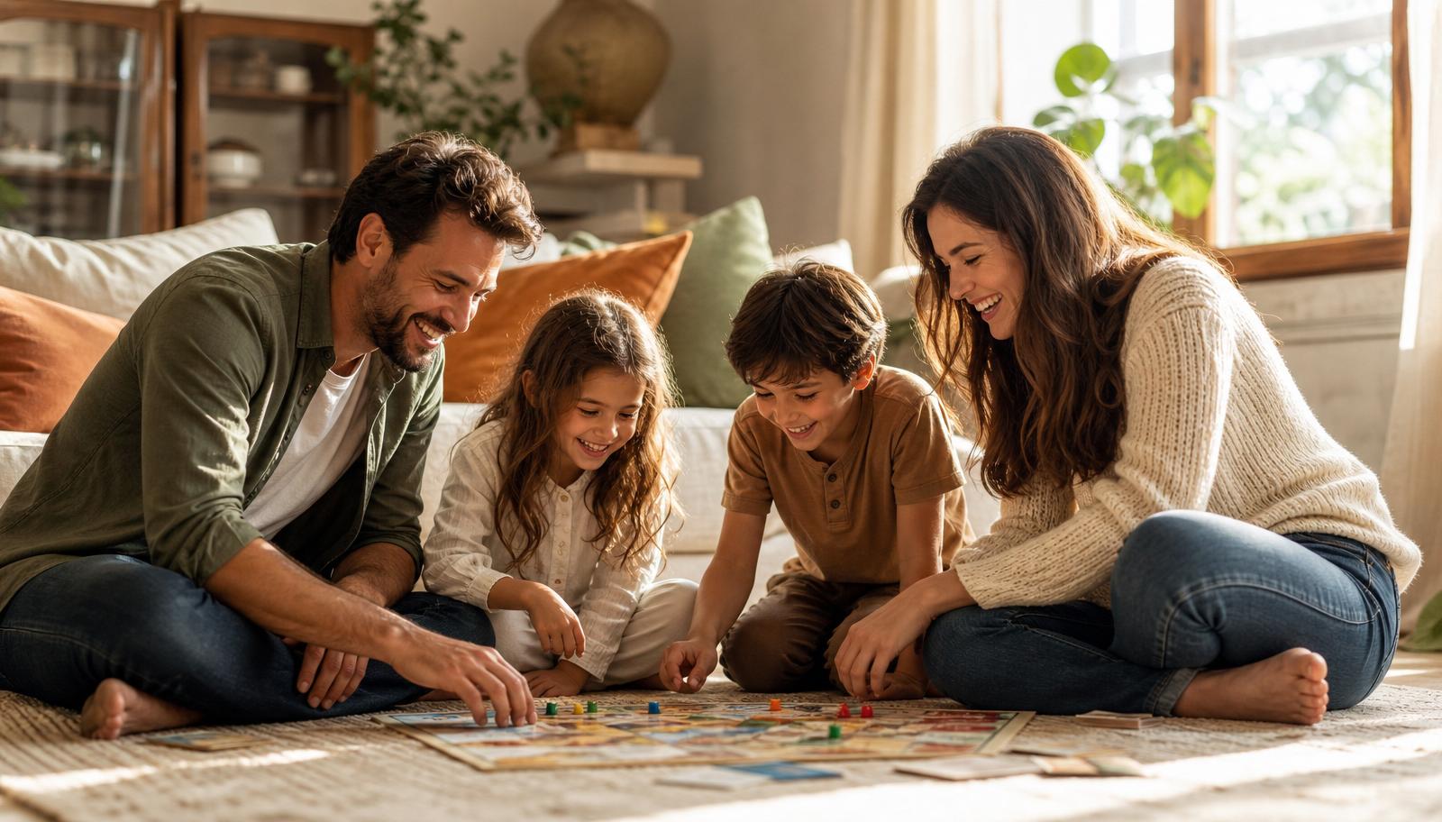 Familia descansando y jugando junta en casa, sin pantallas