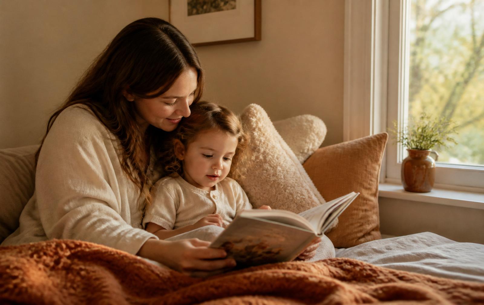 Madre leyendo con su hija junto a la ventana